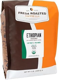 Fresh Roasted Coffee, Organic Ethiopian Sidamo |USDA Organic, 100% Single Origin, Kosher | Light Roast 5 lb (80 oz) Whole Bean