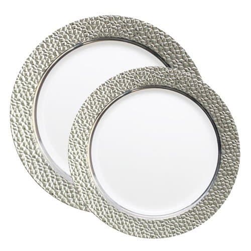 Posh Party Supplies | Upscale White with Silver Hammered Rim Plastic Plate Combo for 20 Settings | 20 10.25" Dinner Plates| 20 7.25" Salad Plates | 40 Piece Set