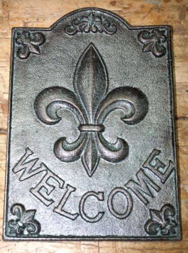 Vintage Large Cast Iron FLEUR DE LIS WELCOME Plaque Finial Garden Sign Home Decor GREEN