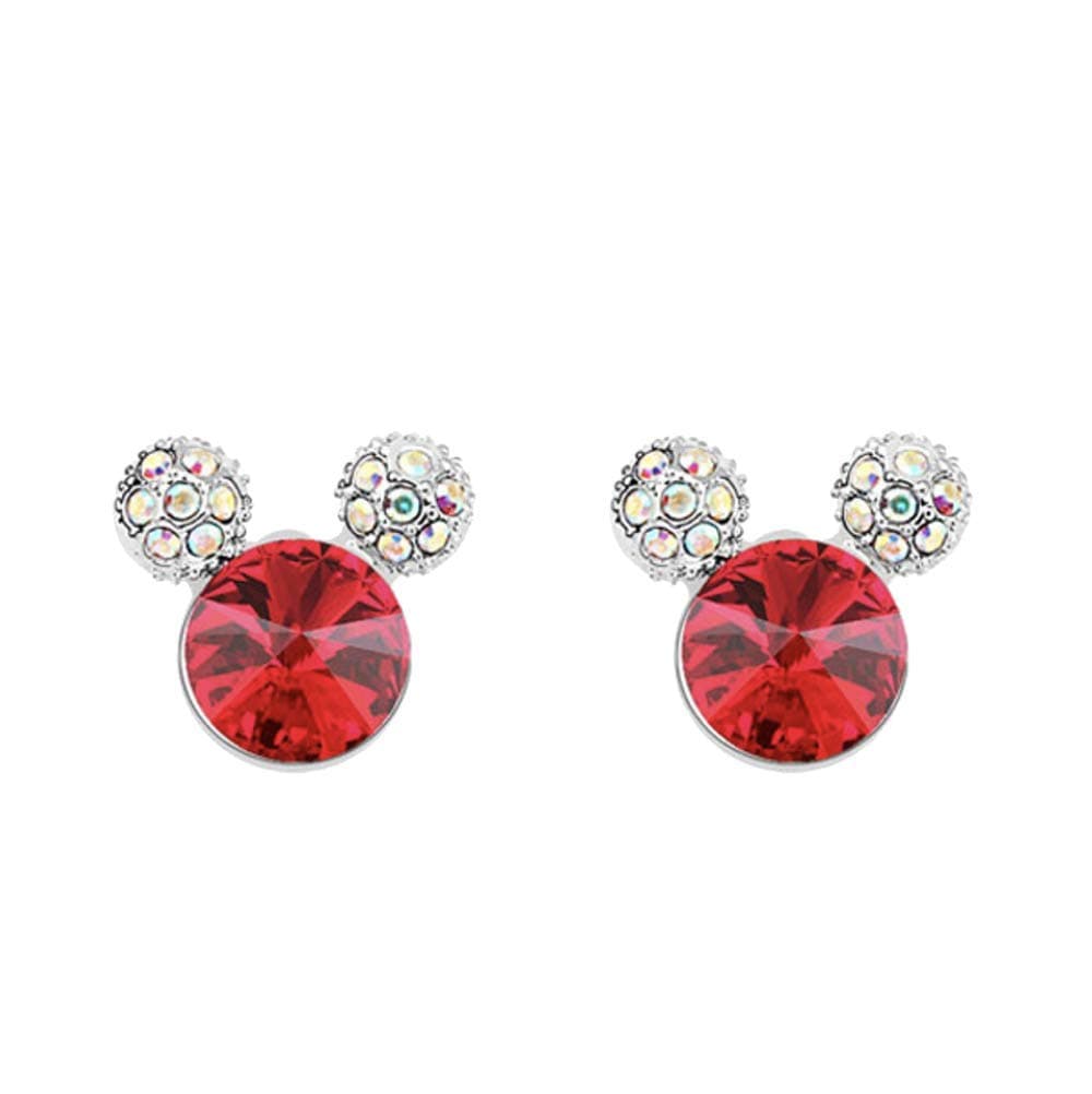 White Gold Plated Dainty Classic Animal Disney Mickey Mouse Stud Earrings with Round Shaped Birthstone Swarovski Cubic Zirconia Crystal Fashion Jewelry Gift for Girls (Red)