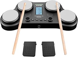 PD405 Tabletop Electric Drum Set, With 163 Percussion Sounds, 4 Velocity-Sensitive Drum Pads, 2 Pedals and Drum Sticks Christmas Birthday Gift