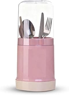 Kitchen Utensil Holder with Cover, Covered Cutlery and Utensil holder, Wall Mounted Countertop Plastic Silverware Holder Utensil Drying Rack for Cutlery, Chopstick, Spoons, Forks, (Rose)