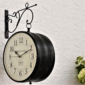 Vintage Clock Metal Handcrafted Double Side Clock (Black, 12 Inches) - Analog