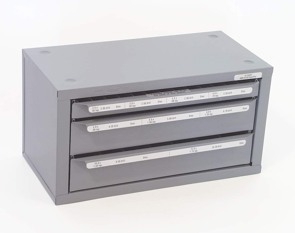 Huot 13595 Combination Three-Drawer Tap, Drill Bit, and Die Dispenser Cabinet for Metric Sizes