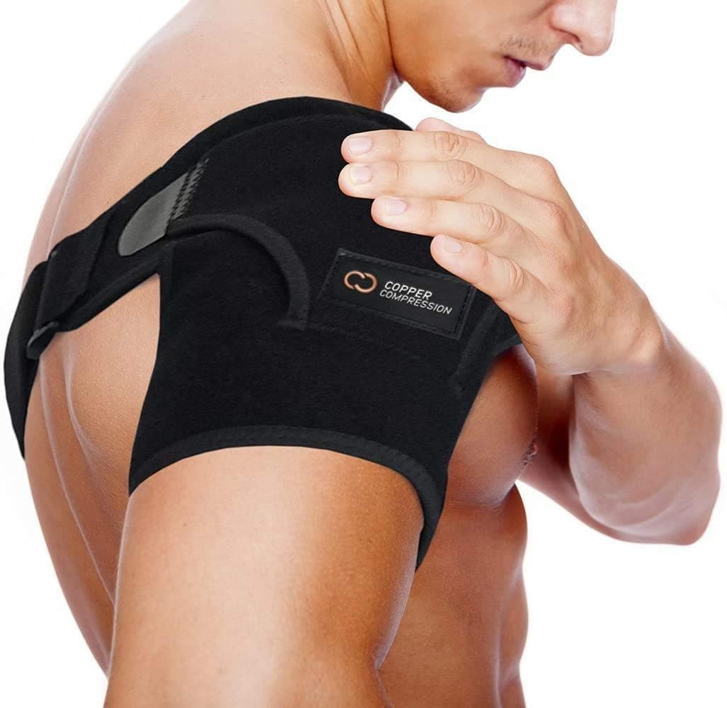 Copper Compression Recovery Shoulder Brace - Immobilizer for Torn Rotator Cuff, AC Joint Pain Relief, Dislocation, Arm Stability, Injuries, Tears - Adjustable Fits Men, Women - Black - S/M