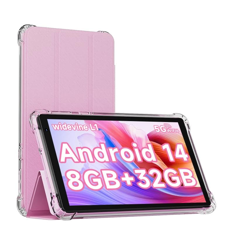 Android 15 Tablet with Case, 7 Inch 8GB RAM+32GB ROM/ 1TB Expandable Computer, 5MP Camera Tablets, 1.6Ghz Quad-core Processor, 3000mAH Battery Tablet PC, 5G WiFi, Games 7'' Android Laptop Pink