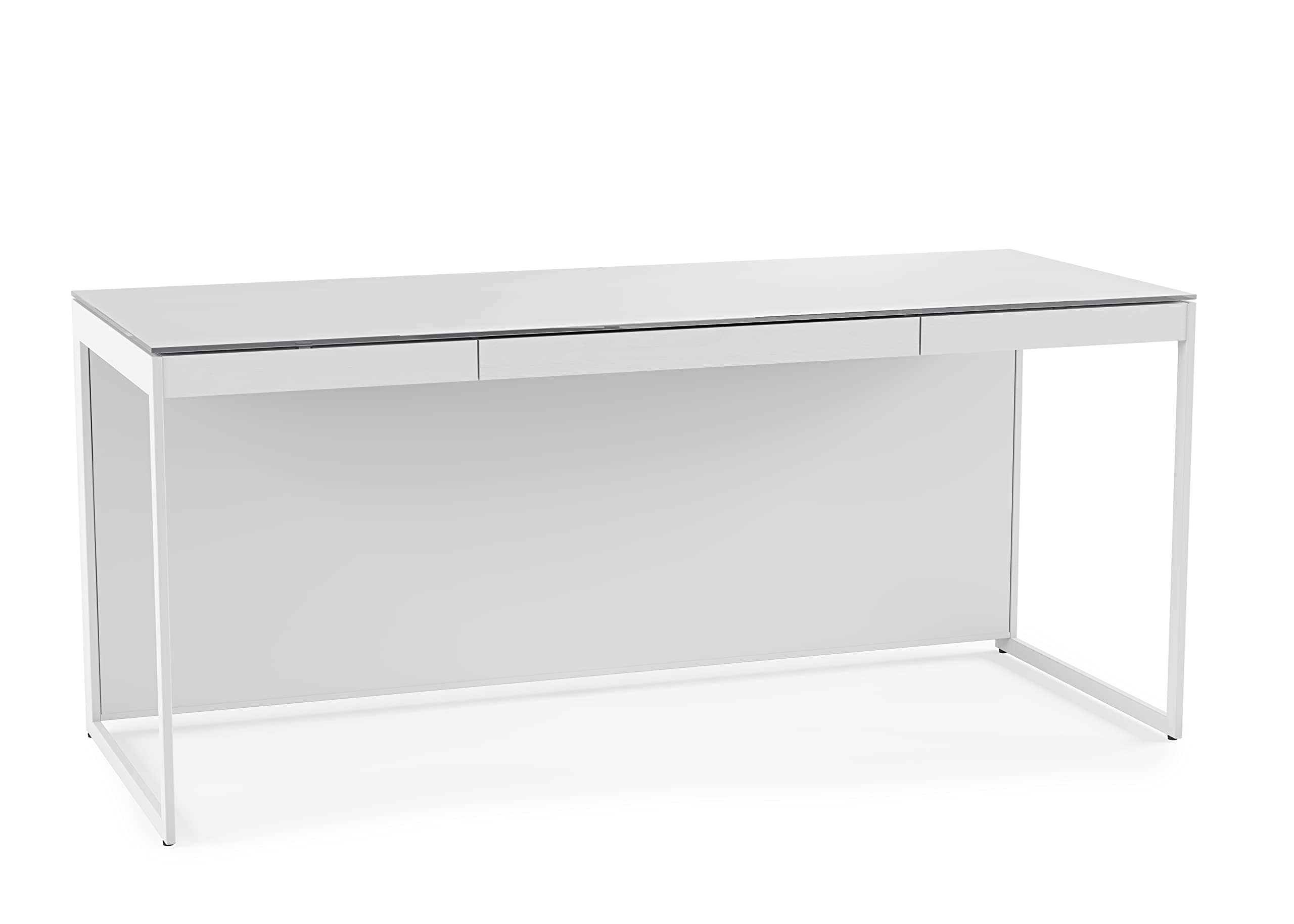 Centro 6401-66.25'' Office Desk for Home or Office with Wire Management, Keyboard Drawer, Satin-Etched Tempered Glass Top, Satin White