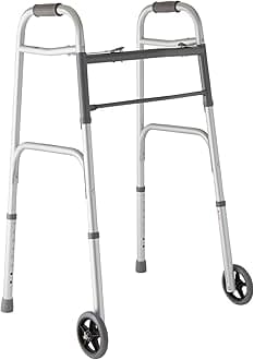 Medline Two-Button Folding Walker with Wheels, Metallic, 1 Count