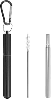 1 Pack Metal Straws for Cruise Ship Essentials, Travel Essentials, Reusable Straws with Aluminum Case, Cleaning Brush, and Keychains（Black）