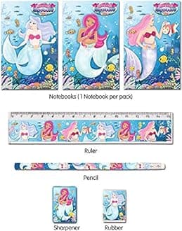 Anilas 5 Piece Stationery Set - Pencil, Sharpener, Rubber, Ruler, Notepad (Mermaid)