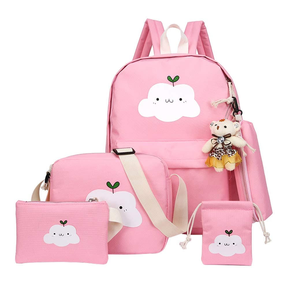 Cute Cloud Printing Schoolbag Students Canvas Backpack Bookbag with Bear Pendent Elementary School Kawaii Versatile Practical Rucksack Shoulder Bag Handbag 5pcs Set
