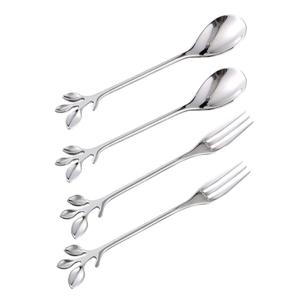 Turbokey Coffee Spoon Fork 4 Pack(2 Spoons 2 Forks),Silver Leaf Retro Dessert Coffee Small Spoon Cocktail Picks Fruit Fork Flatware,4.7 Inches Stainless Steel Tea Spoon Set (Silver4)