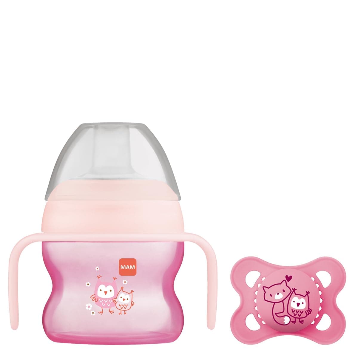MAM Starter Cup and MAM Handles with 0+ Months Start Soother, Baby Cup for 4+ months, Baby Feeding, 1x 150 ml, Pink (Designs May Vary)