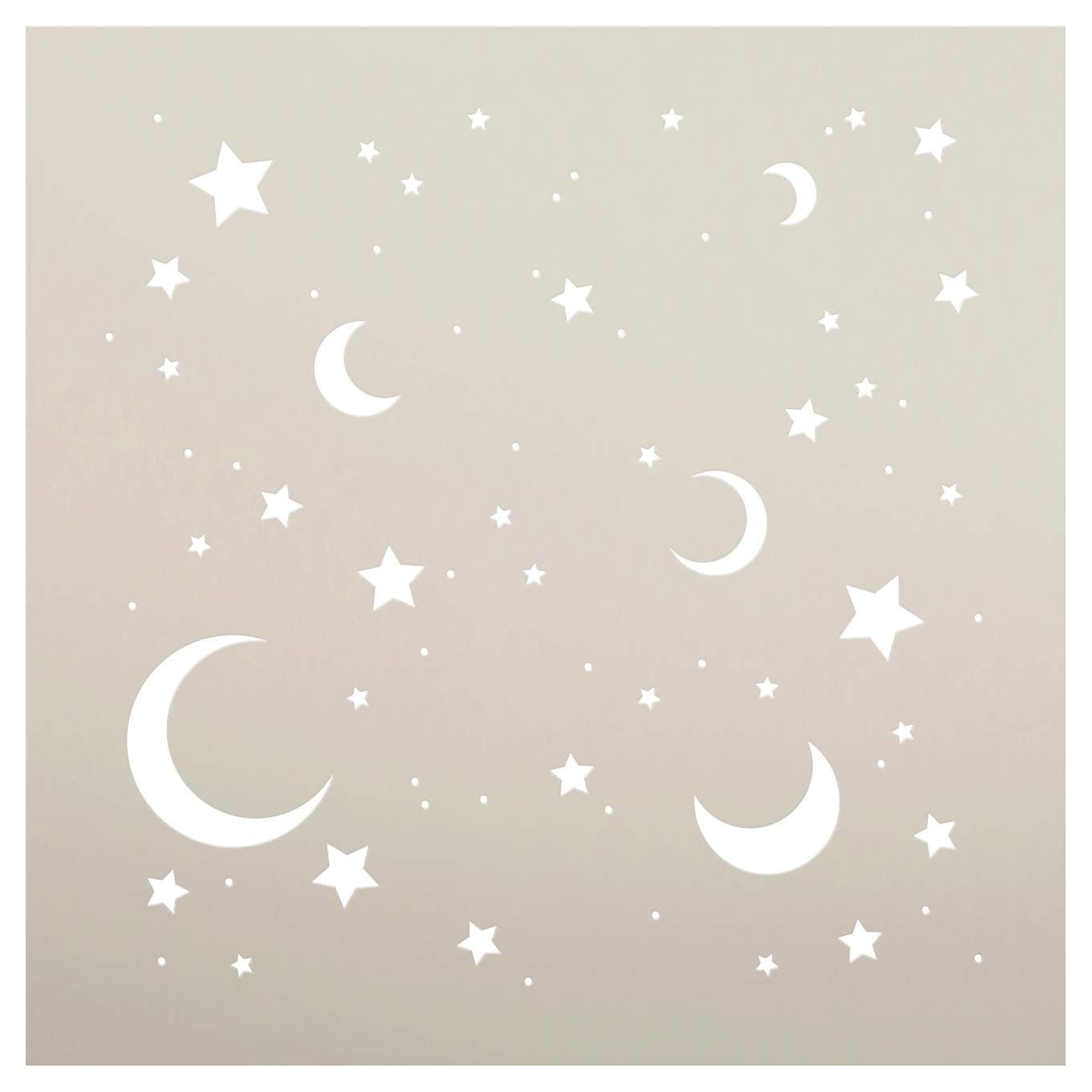 Moon & Stars Stencil by StudioR12 | Dreamy Night Sky Pattern Art - Reusable Mylar Template | Painting, Chalk, Mixed Media | Use for Journaling, DIY Home Decor - STCL706 Select Size (18" x 18")