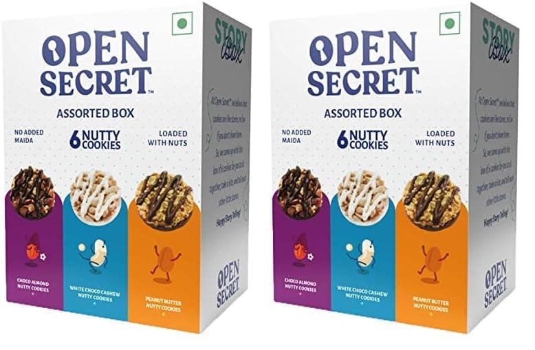 Open Secret Multi Flavor Story Box|1 Assorted Story Box with Choco Almond,White Choco Cashew & Peanut Butter Nutty Cookies|No Added Maida|Family Snacks Biscuit|6 Cookies Per Box, (Pack of 2),75 Gram