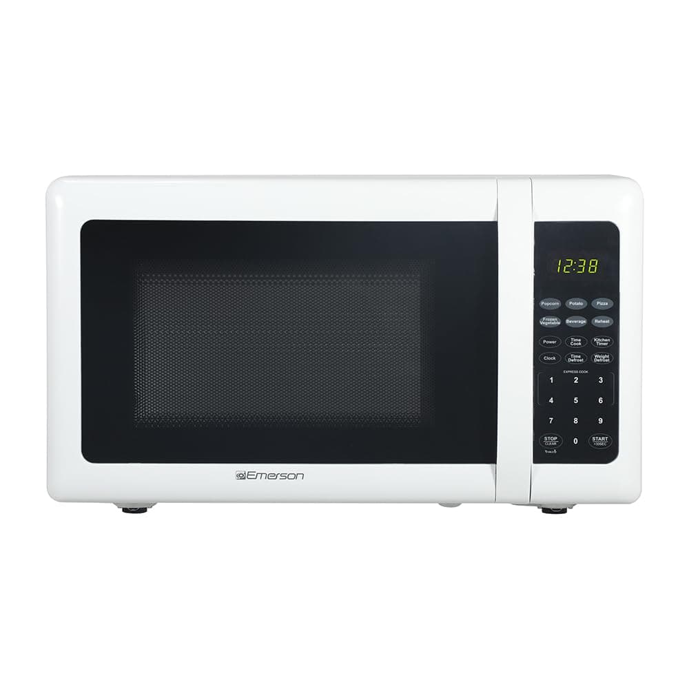 Emerson MW7302W Compact Countertop Microwave Oven with Touch Control, LED Display, 700W, 10 Power Levels, 6 Auto Menus, Glass Turntable and Child Safe Lock, 0.7 Cu., Ft. White
