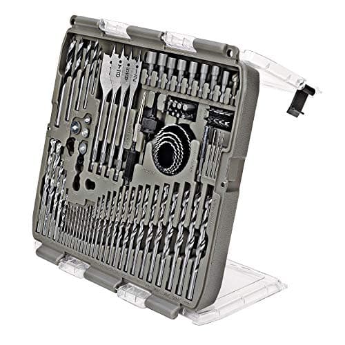 Tradespro 90-Piece Drill Bit Set with Screwdriver Bits, Hole Saws, Brad Point, Masonry, Wood Boring Bits, Carry Case with Flip Cover Stand – 835113