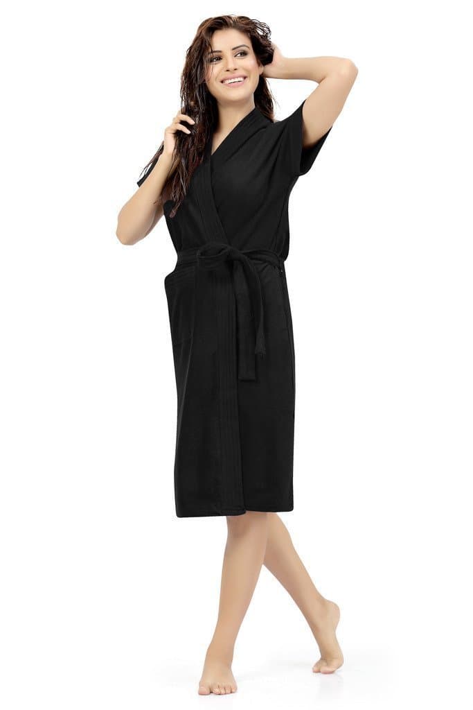 Everyday Micro Terry Free Size Unisex Bathrobe with 1 Front Pocket Super Soft and Cozy (Black)