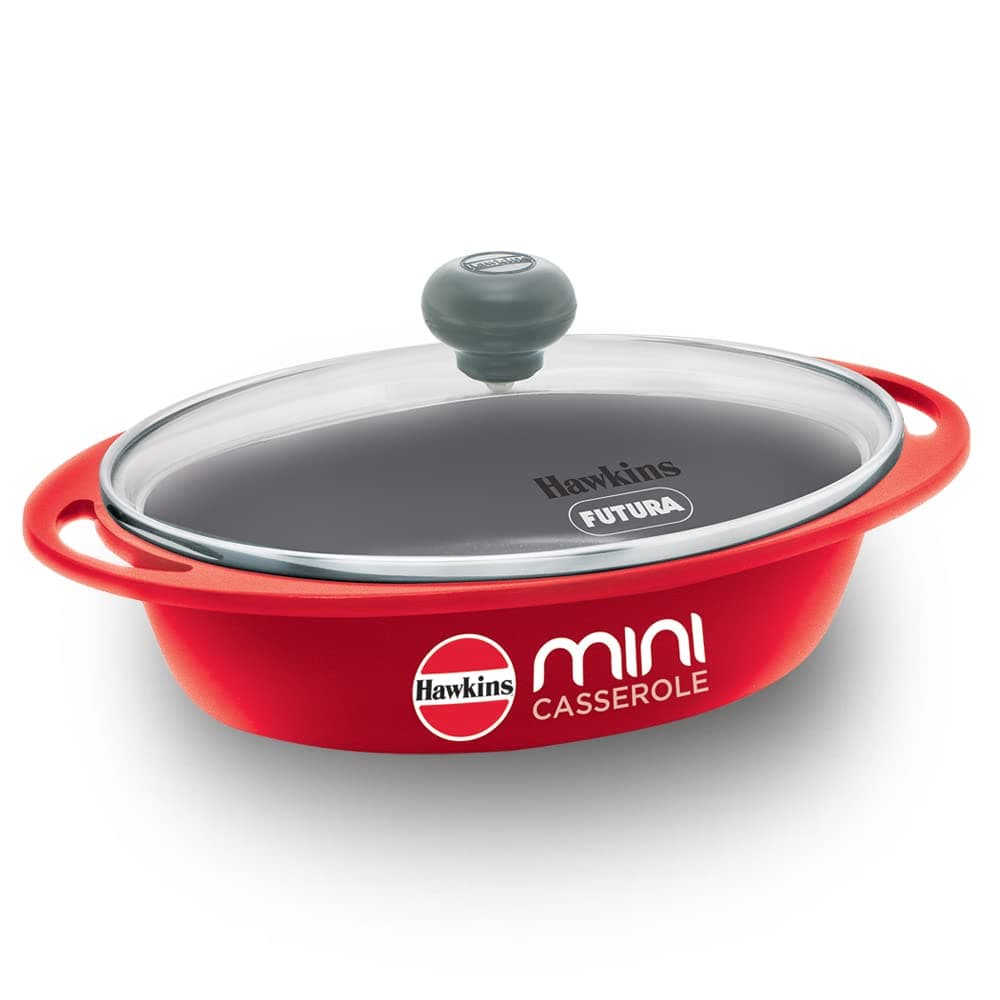 0.75 Litre Mini Casserole with Glass Lid, Oval Shaped Die-Cast pan for Cooking, Reheating, Serving and Storing, Red (DCR75G)