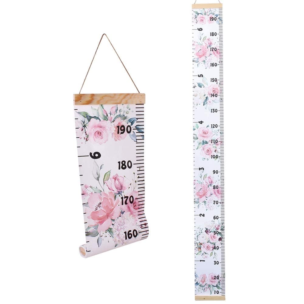 Kids Growth Chart, Wood Frame Fabric Canvas Height Measurement Ruler from Baby to Adult for Child's Room Decoration 7.9 x 79in (7.9 x 79in, Flowers)