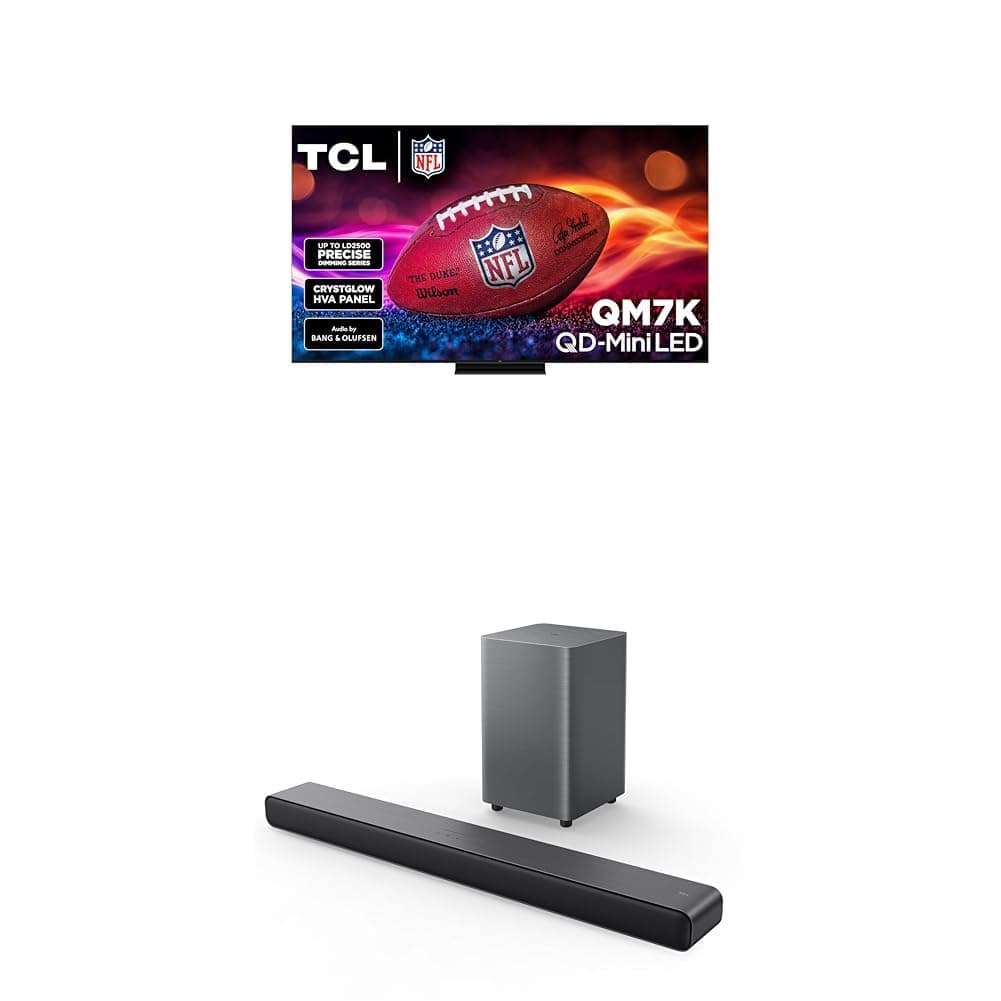 TCL 85-Inch QM7K QLED 4K Smart QD-Mini LED TV with Google TV (85QM7K, 2025 Model) + S55H S Class 2.1 Channel Sound Bar with Dolby Atmos