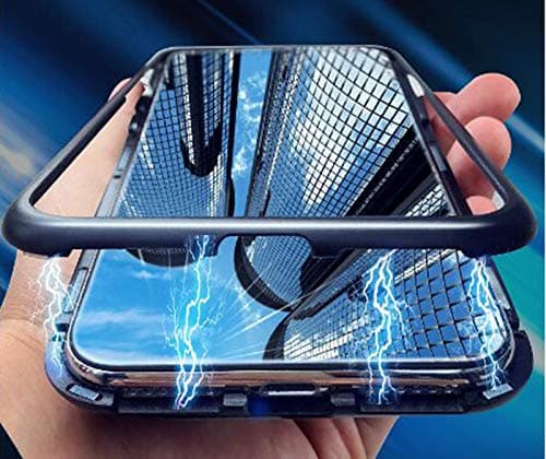 Tomcrazy Magnetic Tempered Glass Case for Huawei Mate 20 Pro Clear Tempered Glass Adsorption Silver Metal Bumper Back Cover Protector for Mate 20 Pro(Clear-Black)