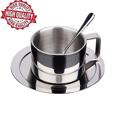 DLD Espresso Cups [ 304 Stainless Steel Coffee Cup with Spoon and Saucer Set, Great Idea for Coffee and Tea Lovers