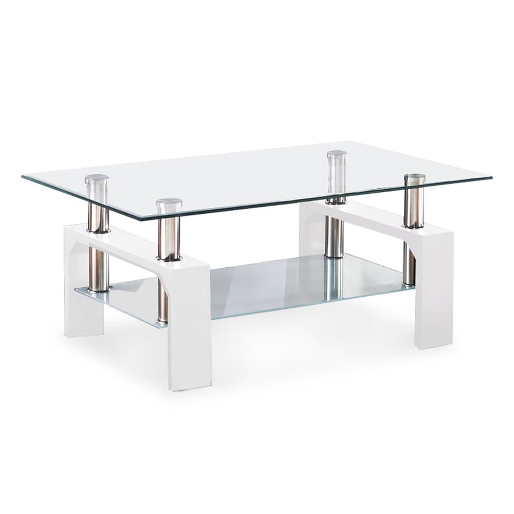 Rectangle Glass Coffee Table-White Modern Side Coffee Table with Lower Shelf Metal Legs-Suit for Living Room