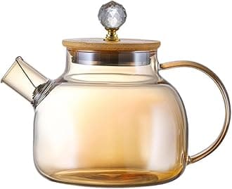 KHOLAD Glass Teapot with Strainer & Lid - 1 Litre with Tea Strainer - Stove-Safe Kettle for Loose Tea & Fruit Tea (Amber - 1 Liter)