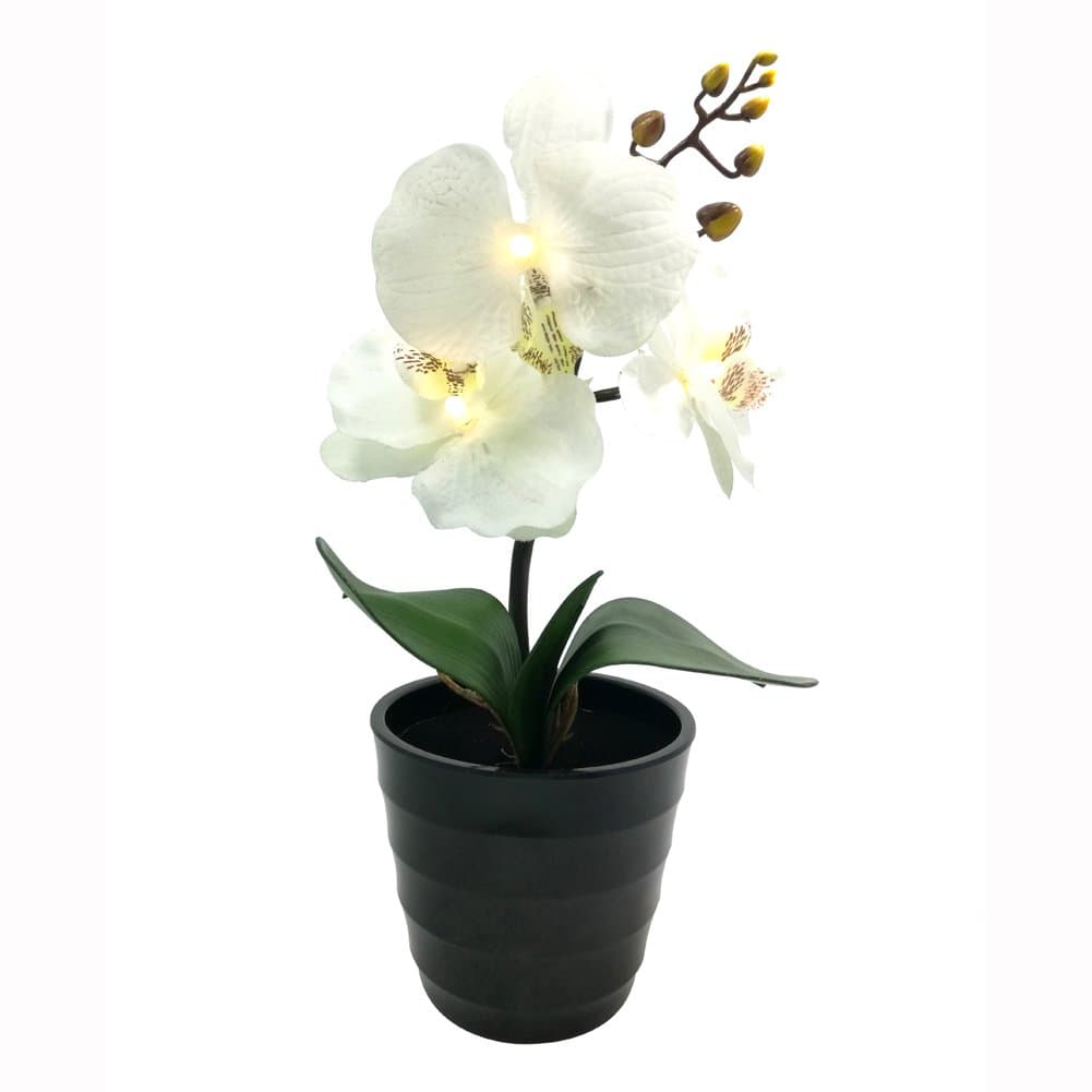 BABALI Lighted Artificial Orchids Potted Plants Battery Powered 11 Inches Tall Warm White LED 3PCS White Silk Moth Orchid Fake Flowers for Home Office Hotel Indoor Decoration
