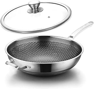 Wok Pan,Hybrid Nonstick 14 Inch Wok with Lid,Induction Non Stick Stainless Steel Large Deep Woks&Stir-Fry Pans,Stay-Cool Handle Skillets,PFOA Free Cookware