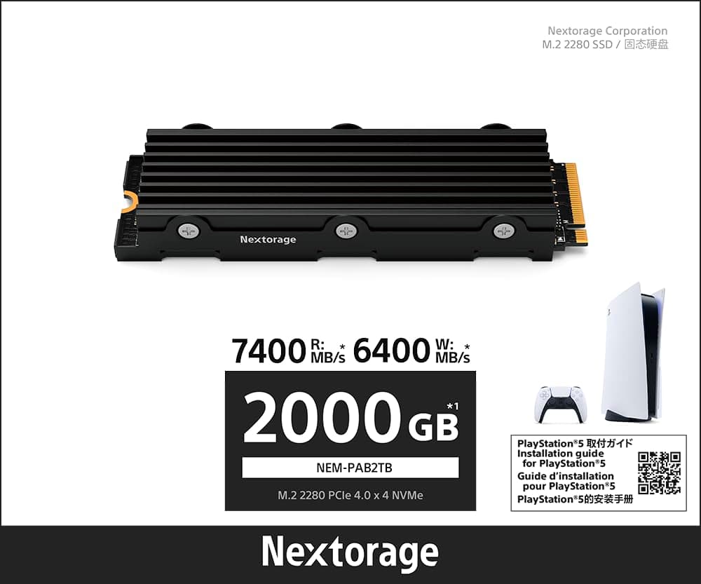 Nextorage 2TB(2000GB) Internal SSD compatible with PS5, PS5 Pro and PC M.2 2280 Gen4 NVMe with Heatsink NEM-PAB2TB/N SYM Max Transfer Rate Read: 7400MB/s, Write: 6400MB/s, Solid State Drive, TLC NAND