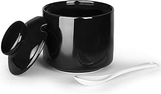 HAOTOP 8 oz Sugar Bowl with Lid and Spoon,Ceramic Sugar Jar Sugar Dispenser Sugar Container Coffee Bar Accessories, Kitchen Countertop Canisters (Black)
