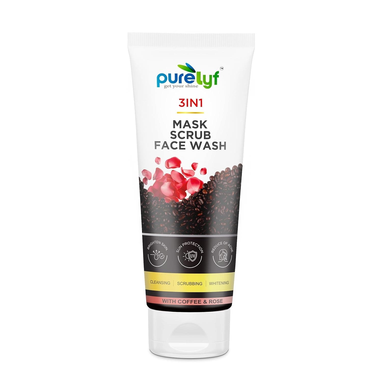 Purelyf 3 in 1 Advanced Face Wash | With Coffee & Rose Extracts | Cleansing, Scrubbing & Whitening for Glowing Skin | Suitable for Men & Women – 100ML (Pack of 1)