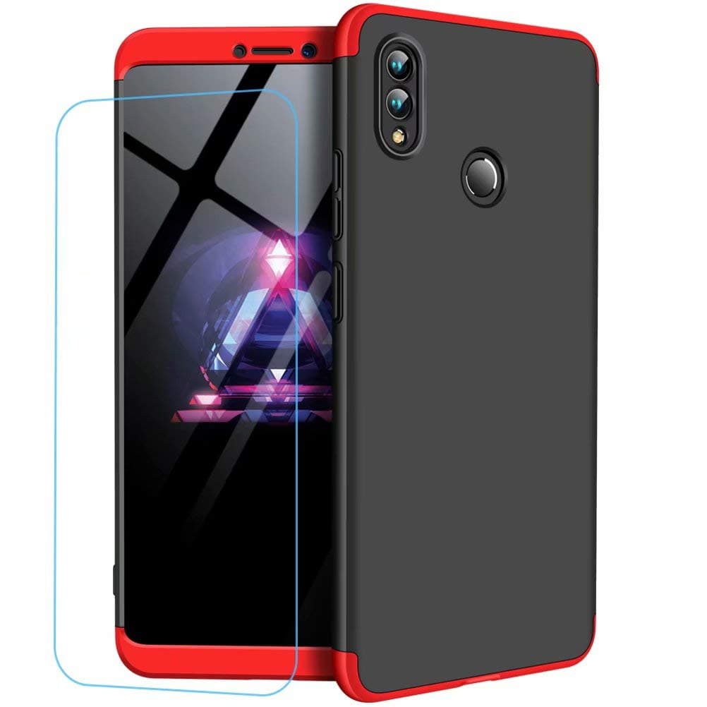 Huawei Honor Note 10 Case Lanpangzi TPU Silicone 3 in 1 Combination Ultra Slim Cover with [Tempered Glass Screen Protector] Scratch-resistant Protective Case - Red and Black