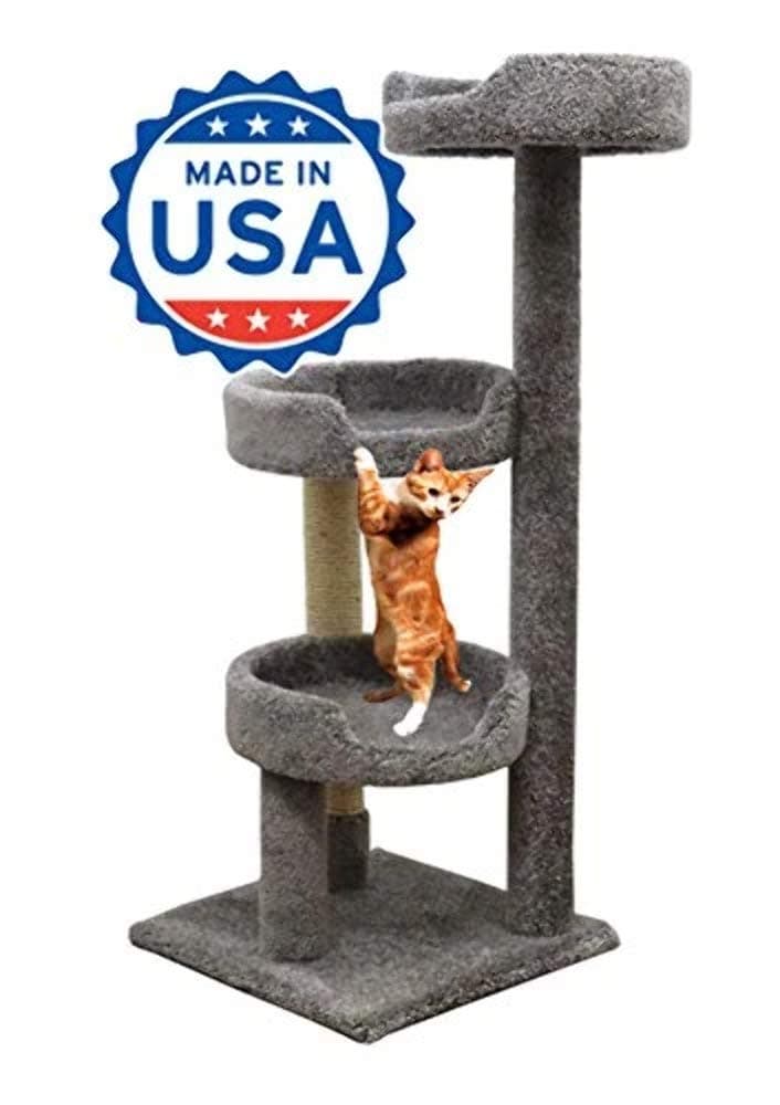 50 inch Carpet Cat Tree Scratching for Large Cats, Made in USA, Solid Wood Poles, Sisal Scratching Post, Gray Color