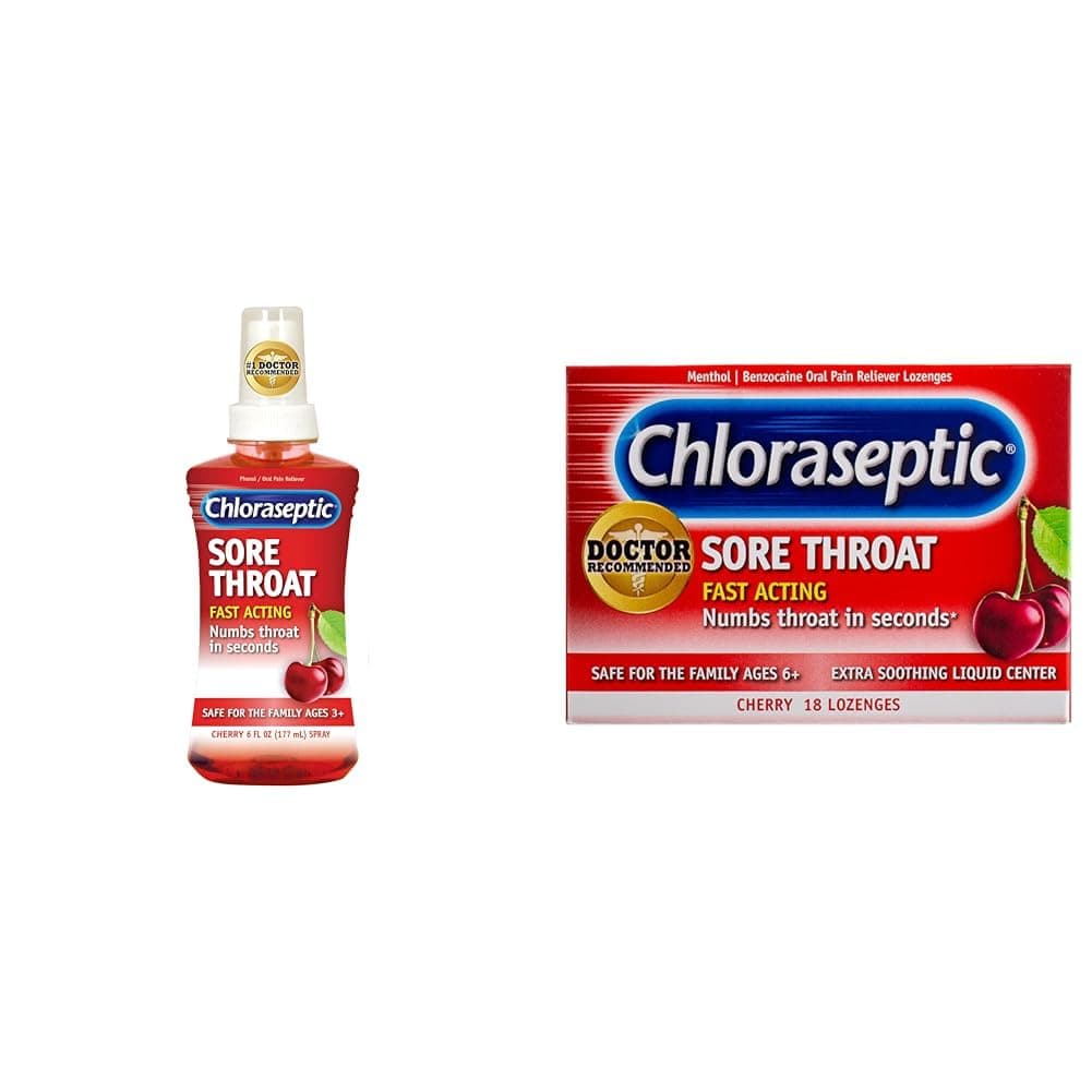 Sore Throat Spray, Cherry, 6 fl oz, 1 Bottle Sore Throat Lozenges, Cherry 18 Count