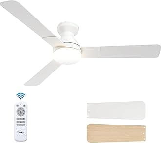 Amico Ceiling Fans with Lights, 52 inch Low Profile Ceiling fan with Light and Remote Control, Flush Mount, Reversible, 3CCT, Dimmable, Noiseless, White Ceiling Fan for Bedroom, Indoor/Outdoor Use