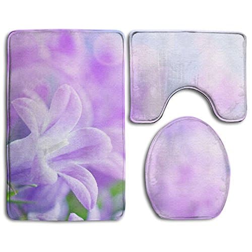 3 Piece Non-Slip Bathroom Rugs Lavender Flower Beautiful Pattern Set Living Room Anti-Skid Pads Bath Mat + U Shaped Contour Rug + Toilet Lid Cover