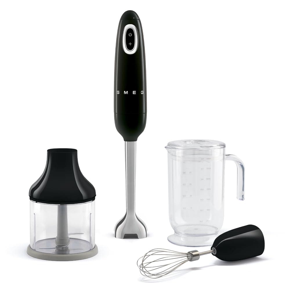 SMEG Handheld Immersion Blender with Beaker, Chopping Bowl w/Lid, Wire Whisk, 5 Speed Controls, made with Stainless Steel Blades and Ergonomic Design (Black)