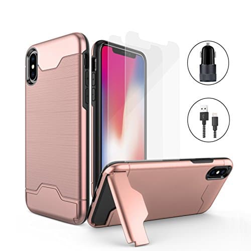 iPhone X Case, VeeDoo Kickstand Dual Layer Rugged Card Holder Hybrid Drop Protective Silicone Cover (Rose Gold) for iPhone 10 [Tempered Glass Screen Protector, Lightning Cable & Car Charger]