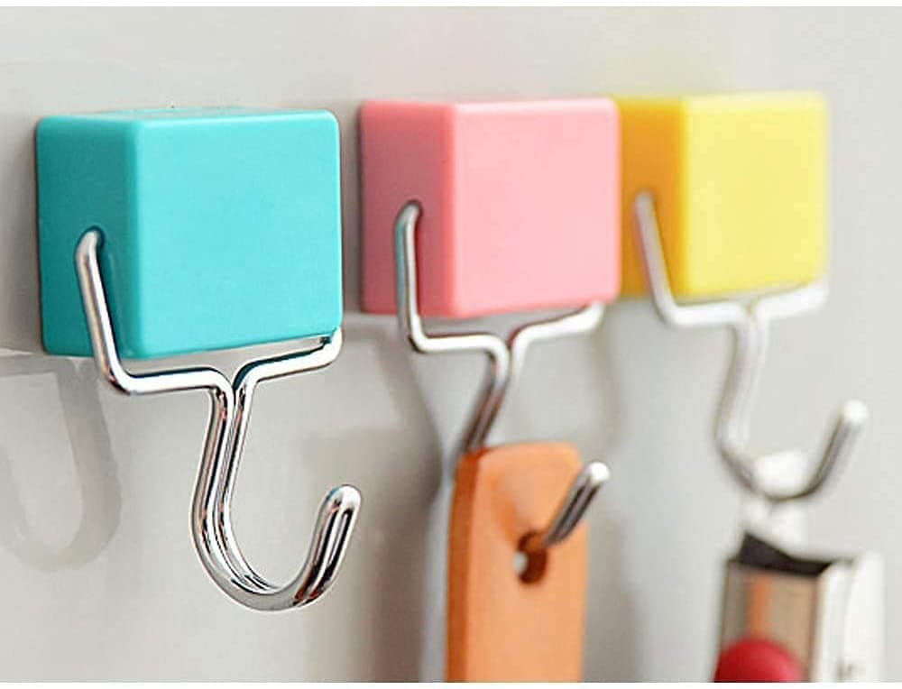 Magnetic Hooks 3Pcs Extra Strong Magnet with Metal Hook for Refrigerator, Super Magnet Hook for Fridge Kitchen Doors Pink, Yellow, Blue