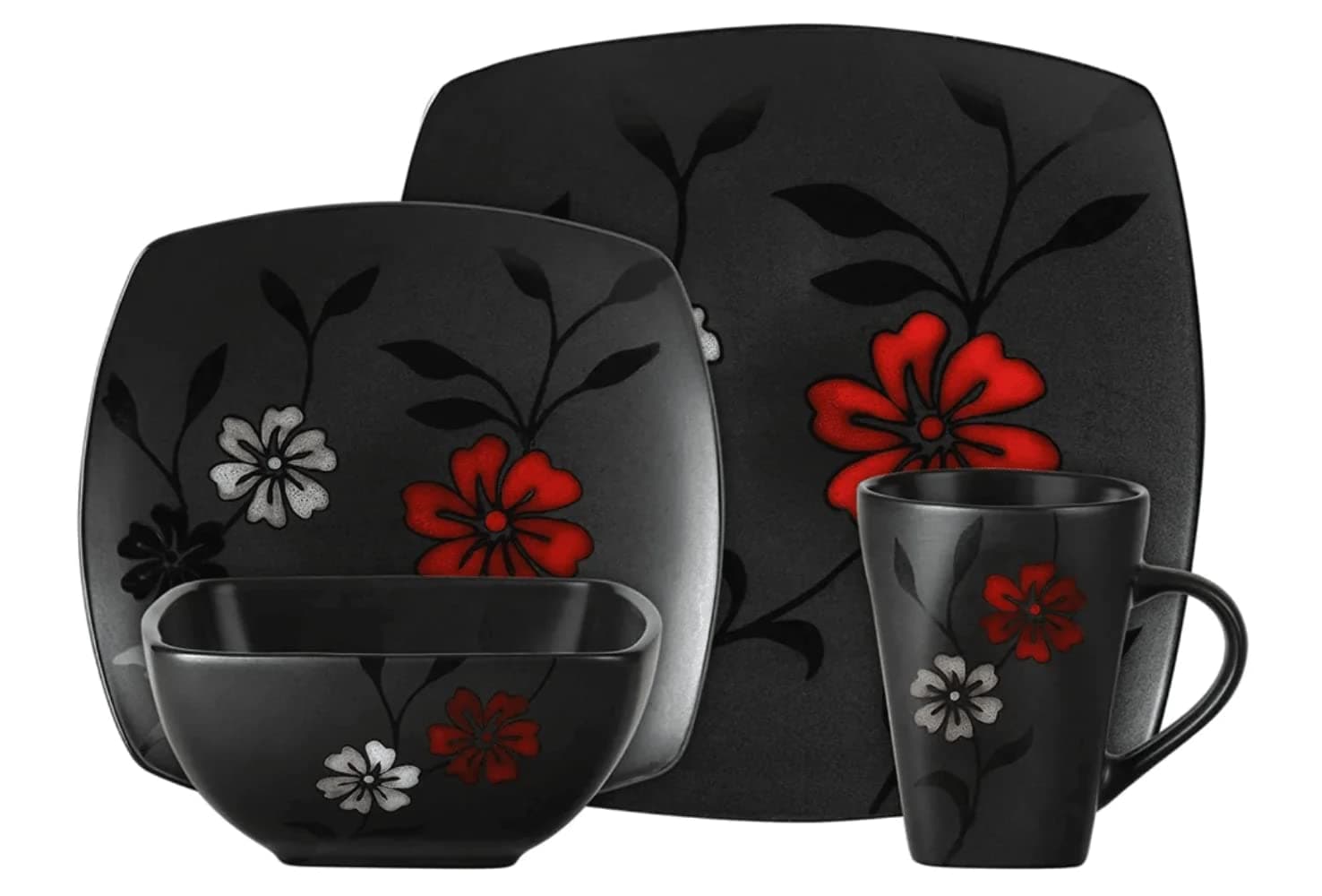 Couture Evening Blossom Dinnerware Set, 16 Piece, Black (93581970M)