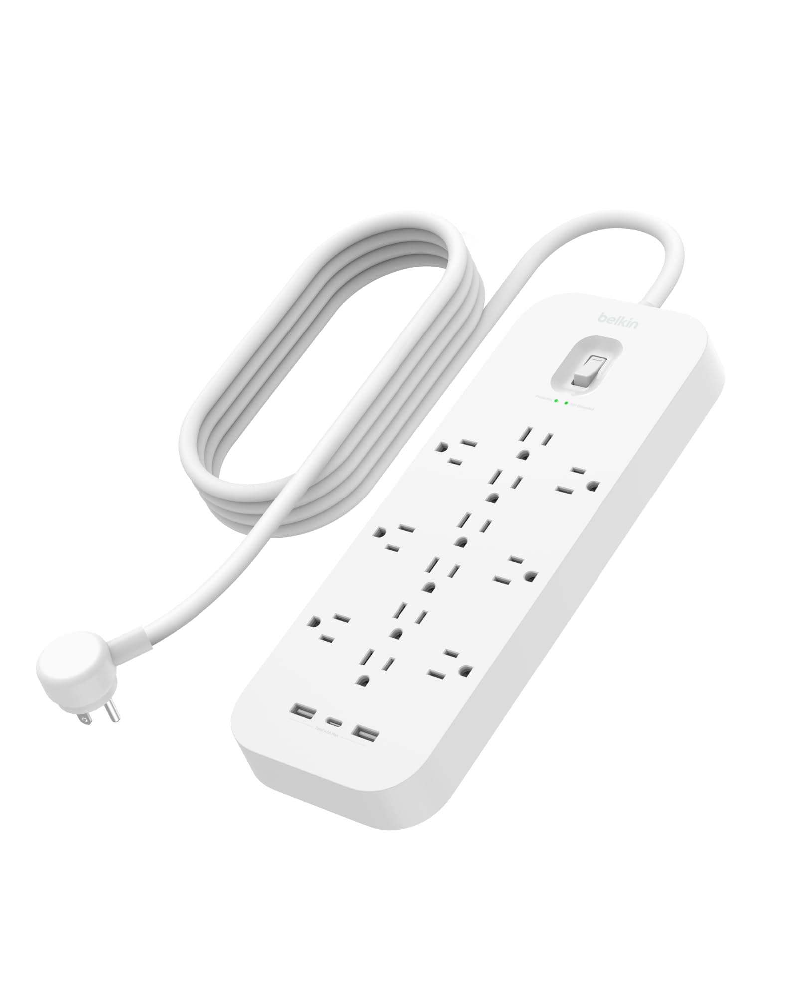 12-Outlet Surge Protector Power Strip w/ 12 AC Outlets, 2 USB-A Ports and 1 USB-C Port, 6ft Cable, UL-listed w/ Overload & Overvoltage Protection + On/Off Switch - 3,480 Joules of Protection