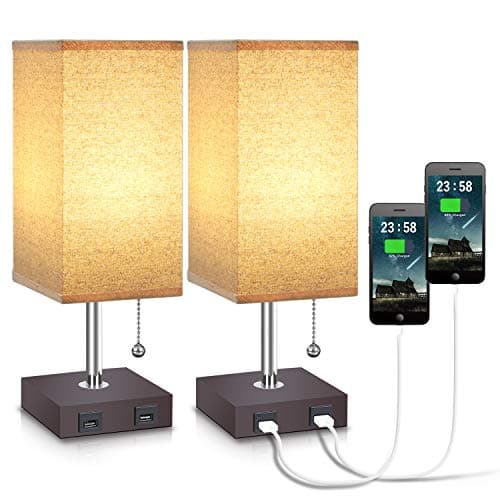 USB Table Desk Lamp, Acaxin Bedside Lamp with Dual USB Quick Charge Port, Wood Desk Lamp, Black Charger Base with Unique Fabric Shade, LED Light Nightstand Desk Lamps for Bedroom, Living Room, Baby