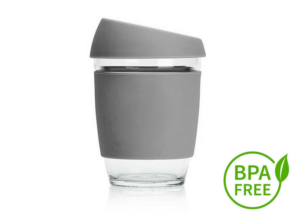New Design 2018 Reusable Glass Coffee Cup -12oz - Eco-Friendly - BPA Free - Espresso,Tea, Mug with Silicone Sleeve & Cover Lid- Environmentally Conscious - Dishwasher and Microwave Safe (Gray)