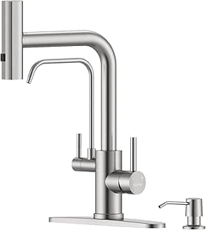 DAYONE Brushed Nickel Waterfall Kitchen Faucet with Drinking Water Faucet and Soap Dispenser, 3 Holes Kitchen Sink Tap with Purfied Water, SUS304 3-Way, (Without Water Filtration Device)