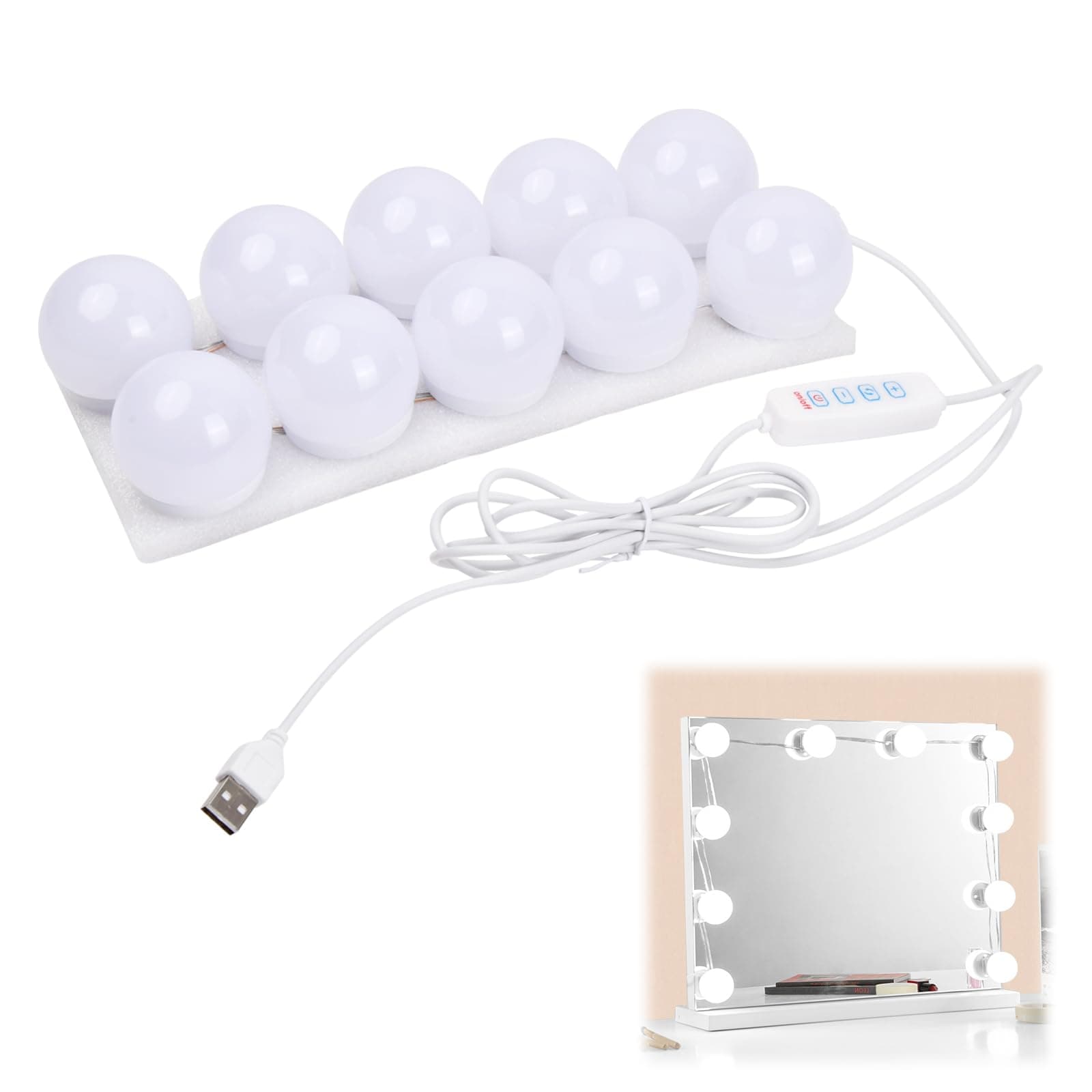 Vanity Mirror Lights Kits, 10 Bulbs Hollywood Style LED Makeup Lights with USB Cable, 3 Colour Changing & 9-Level Brightness, Make up Light for Dressing Table Room, Bathroom, Bedroom