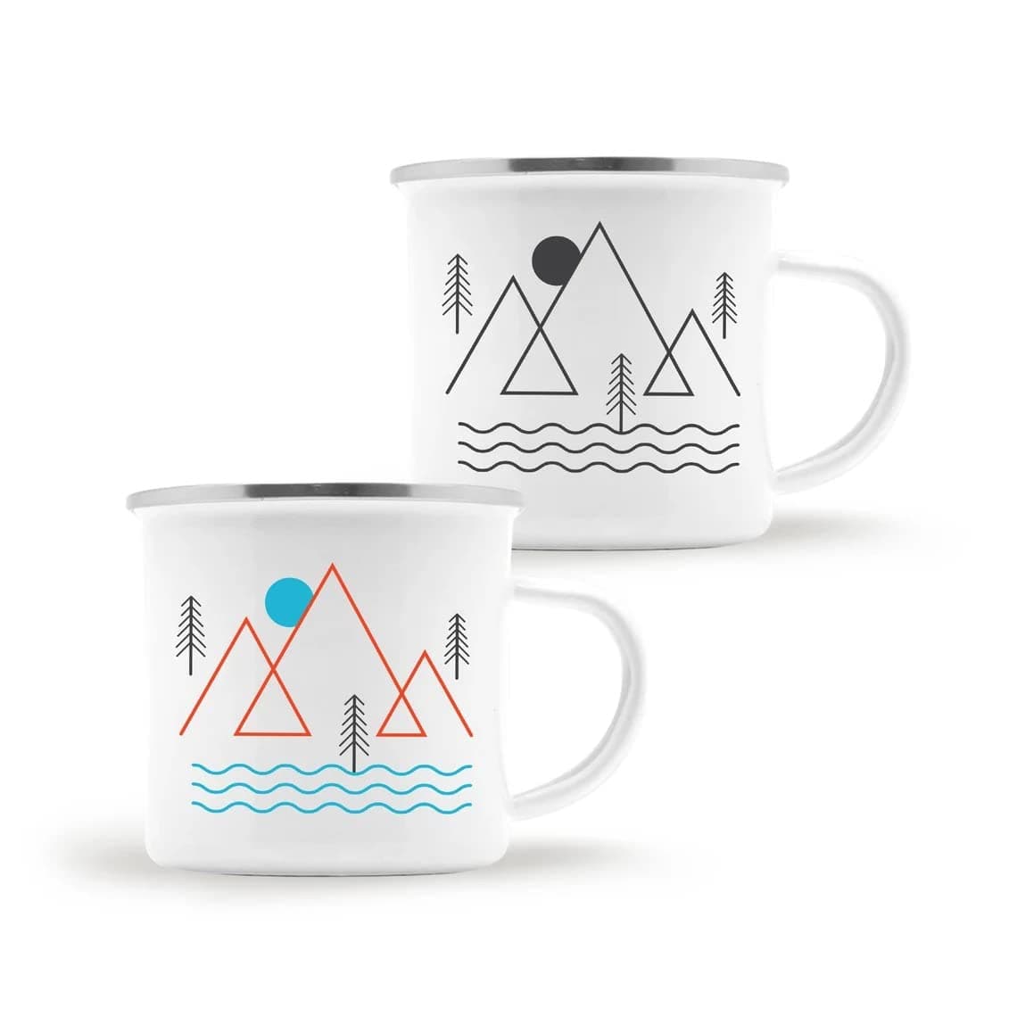 Happy Camper Enamel Camping Mugs SET OF TWO! Get Both A White & A Black Eco-Friendly, Oven-Friendly, Open-Fire-Friendly Cup. The Perfect Size Too: 10 Ounce (295 ml). Plus, It'll Taste Better In These!