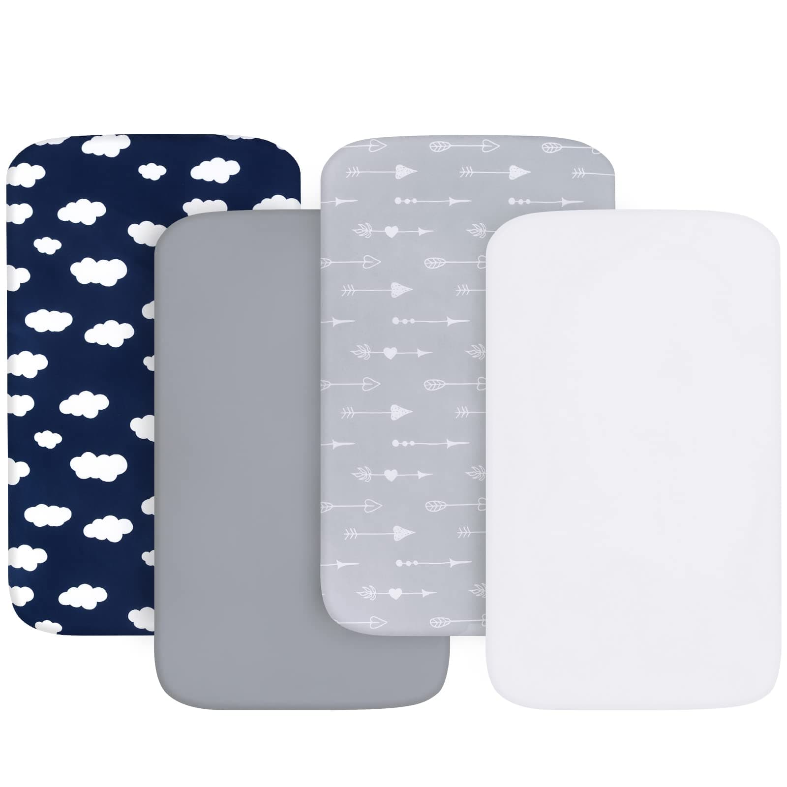 Baby Bassinet Sheets 4 Pack Compatible with Maxi COSI Iora, Koolerthings/Koola Baby, BabyBond, Nordmiex 3 in 1, Mereryi and IKOMZY Bedside Bassinet, Ultra Soft & Skin-Friendly, Grey Print